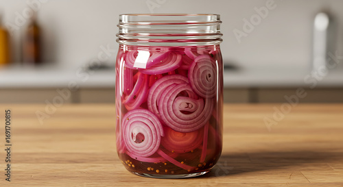 Close-up shot of a glass jar filled with pickled red onion slices, sitting on a wooden surface.
