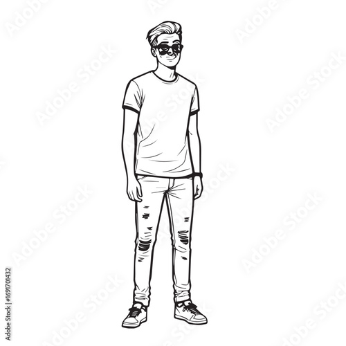 Handsome Man Black and White Illustration Vector Image Male Portrait Fashion Sketch Line Art Design	