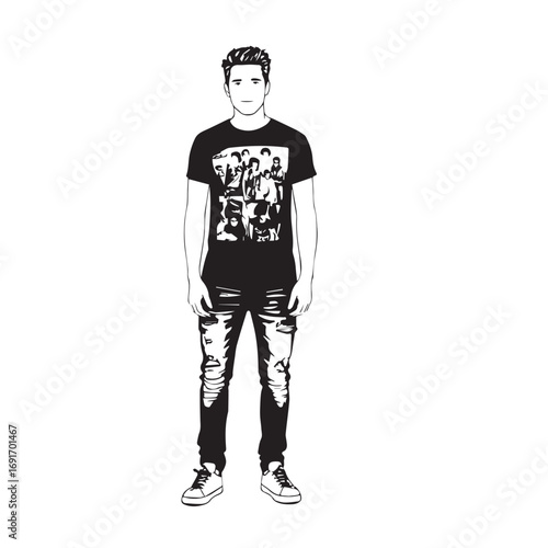Handsome Man Black and White Illustration Vector Image Male Portrait Fashion Sketch Line Art Design	