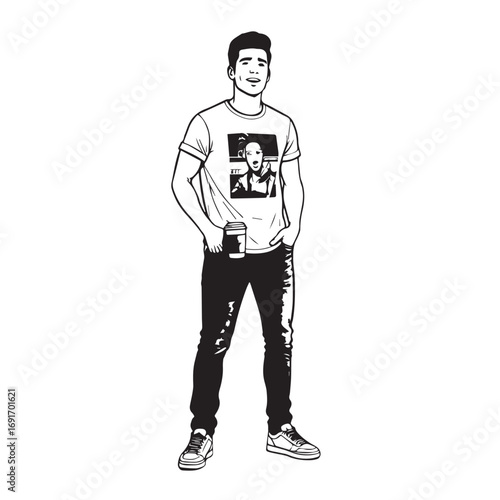 Handsome Man Black and White Illustration Vector Image Male Portrait Fashion Sketch Line Art Design	