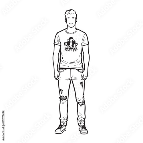 Handsome Man Black and White Illustration Vector Image Male Portrait Fashion Sketch Line Art Design	