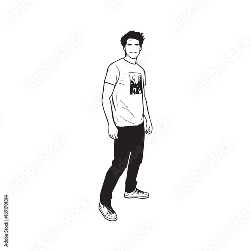 Handsome Man Black and White Illustration Vector Image Male Portrait Fashion Sketch Line Art Design	