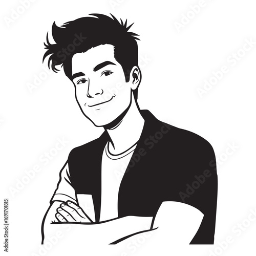 Handsome Man Black and White Illustration Vector Image Male Portrait Fashion Sketch Line Art Design	