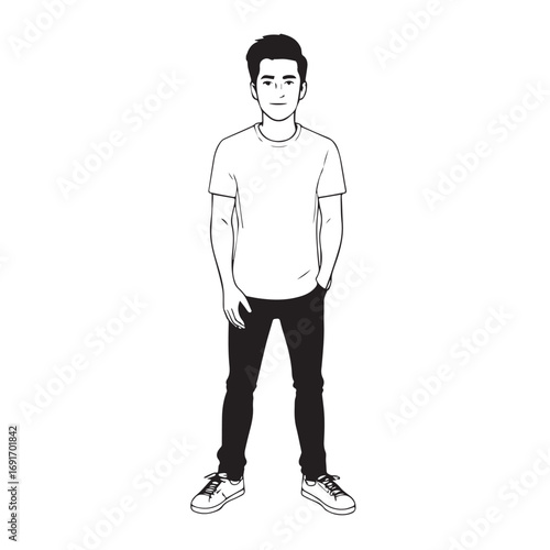 Handsome Man Black and White Illustration Vector Image Male Portrait Fashion Sketch Line Art Design	