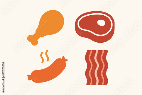 Assortment of cooked meat products chicken leg steak sausage and bacon.