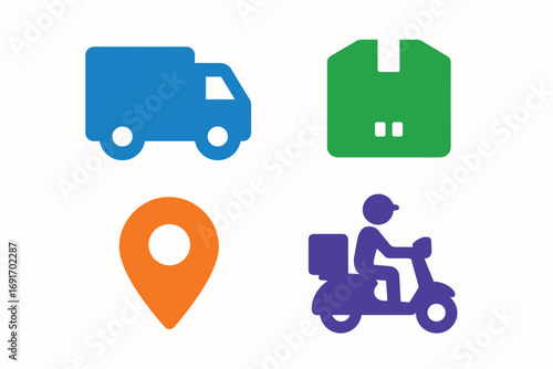 Delivery and Logistics Icons - Truck, Package, Location, and Scooter.