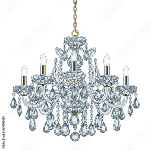 Elegant crystal chandelier with multiple lights, hanging from a gold chain, intricate design.