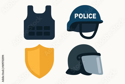 Police Riot Gear And Shield Icons For Security And Protection.