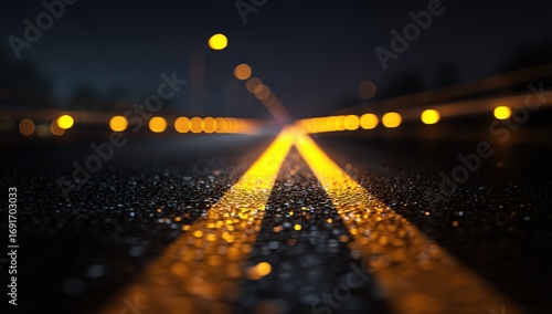 Night road with wet asphalt and yellow lines
