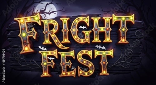 Fright Fest neon glowing sign with bats and pumpkins for Halloween