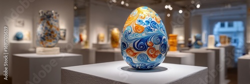 Colorful egg-shaped artwork on a pedestal in a museum