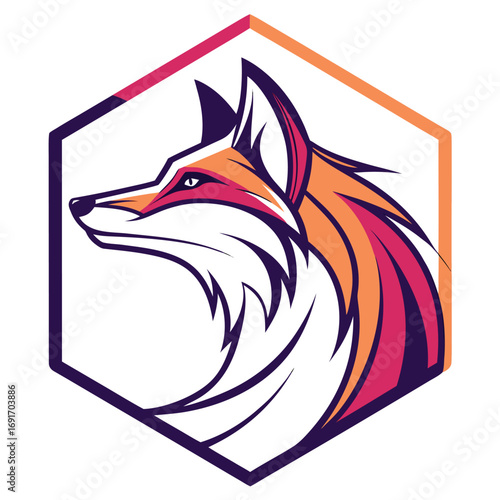 Abstract hexagon fox head logo with vibrant neon gradient and modern design elements