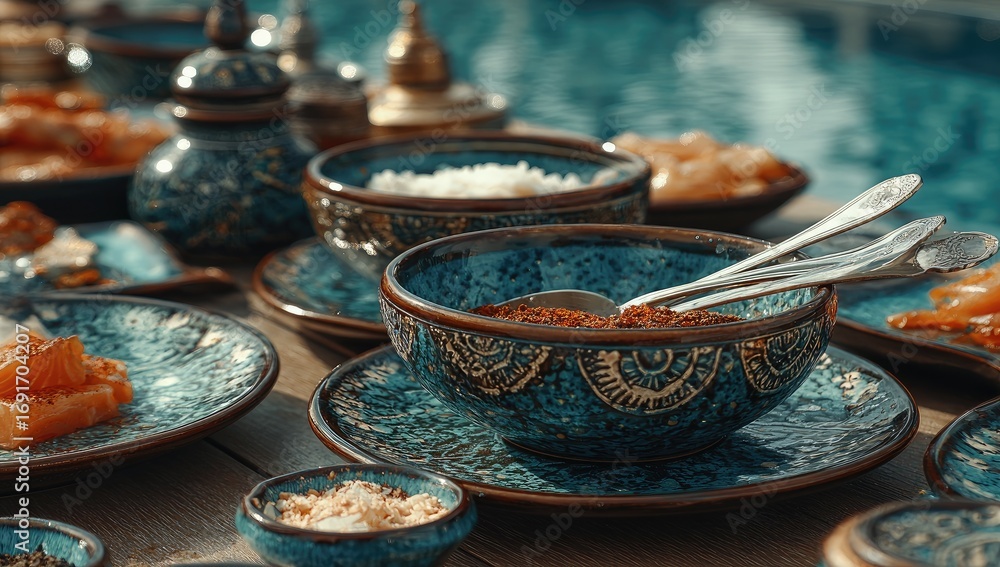 Fototapeta premium Turquoise ceramic bowls, dishes, and spices arranged outdoors by a pool