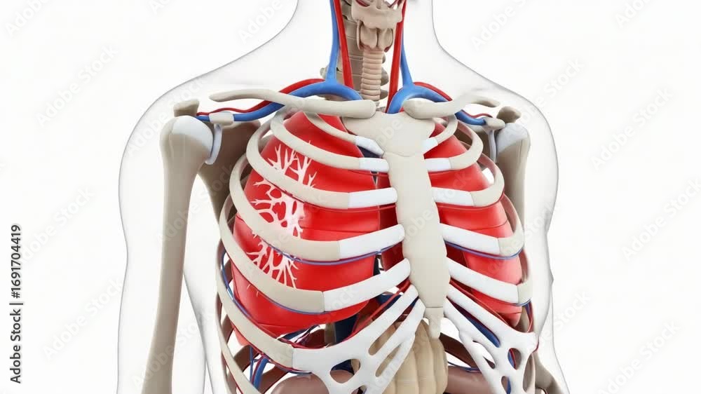 Human anatomy 3D animation showcasing the respiratory system, rib cage ...