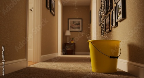 Leaking Roof Water Dripping Into Bright Yellow Bucket Inside Hallway