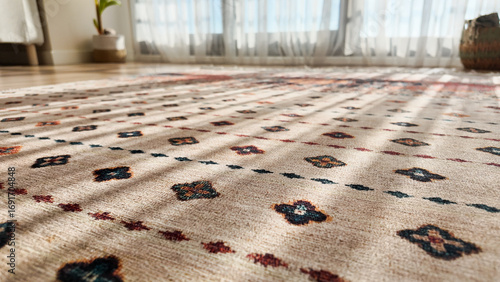 Принти на полотні Decorative area rug with intricate patterns in sunlit room
