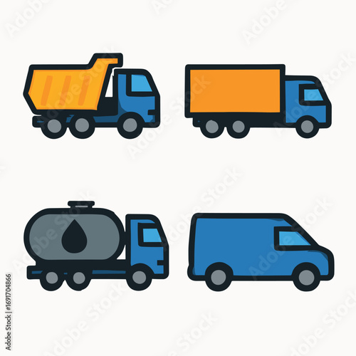 Collection of various cartoon trucks and vans for transportation.