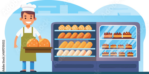 A man poses outside a bakery, showcasing an array of fresh bread loaves displayed prominently in the shop window.