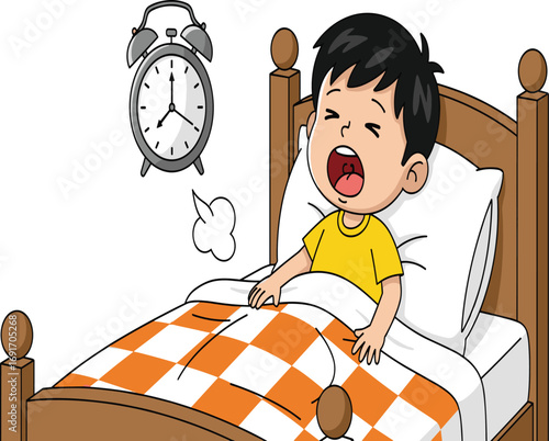 Cartoon, child, waking up, morning, bed, blanket, alarm clock, yawning, sleepy, bedroom, illustration, wooden bed, pillow, exhale, sunrise, wake up time, checkered blanket, sleep, 