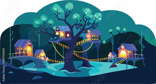 A scenic tree house with a bridge spanning a river, nestled among vibrant trees and foliage.