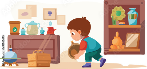 A boy engages with a pot and a bowl, enjoying a creative playtime experience.
