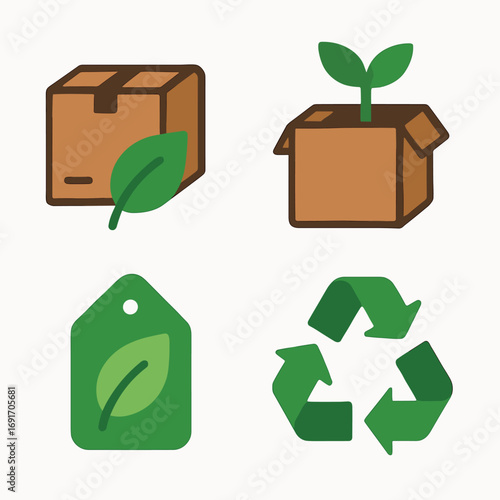 Eco friendly packaging and recycling symbols for sustainability.