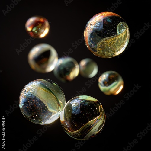Colorful Bubbles with Cosmic Patterns Floating in Dark Space