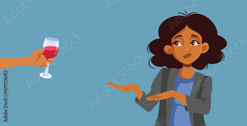 Abstinent Woman Refusing a Glass of Wine Vector Cartoon Character. Sober person saying no to alcoholic beverage at a party 
