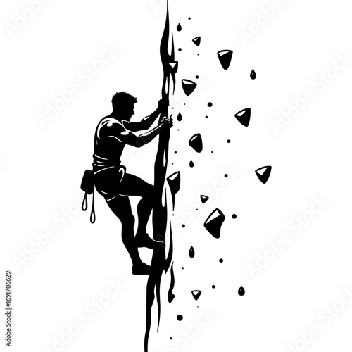 Sketchy emblem of climber trains on a climbing wall with a safety rope. Engraving minimalistic vector in black ink drawing on transparent background