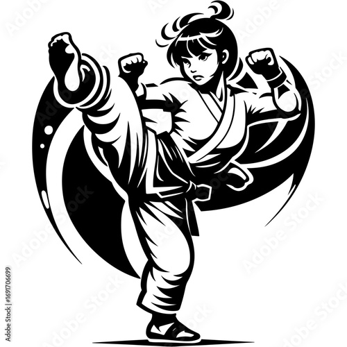 Tattoo emblem of girl dressed in kimono practicing karate in monochrome. Engraving minimalistic vector in black ink drawing on transparent background
