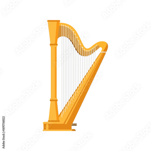 Golden Harp Illustration with Strings on White Background