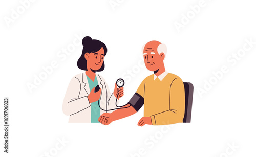Doctor measuring blood pressure of elderly patient in check-up