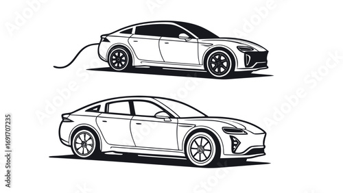 Sleek electric sedan silhouette with charging cable