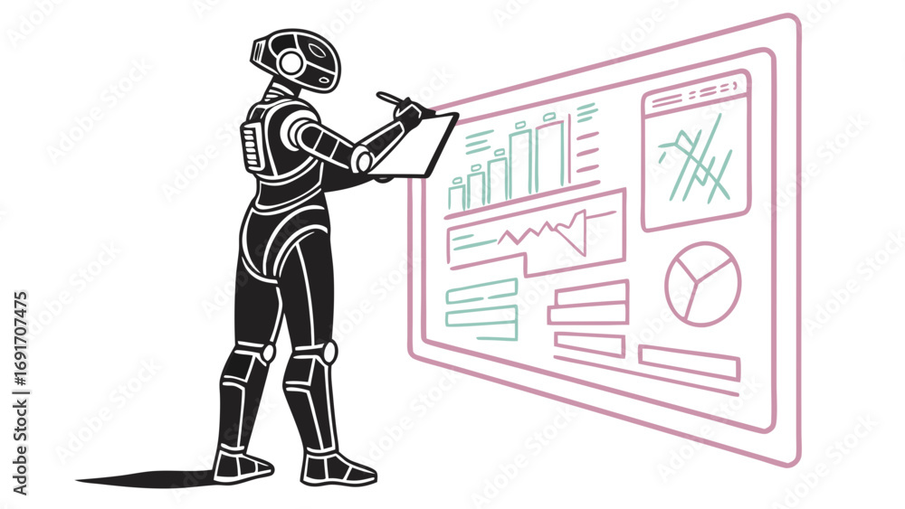 Fototapeta premium Robot teacher presenting data on holographic board