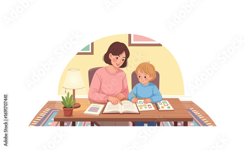 Dedicated mother assists her child with early education and reading lessons in a warm home setting