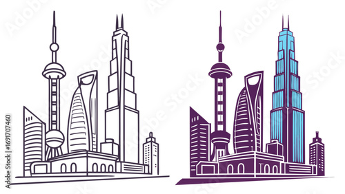 Futuristic City Skyline Silhouette skyscrapers modern architecture