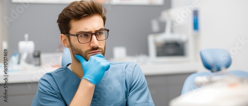 Pensive Dentist Taking a Look at a Case in a Teledentistry Consultation