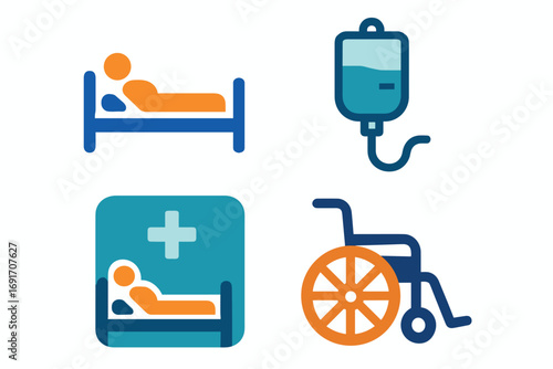 Medical Care Icons - Bed, IV Drip, Hospital Sign, Wheelchair.