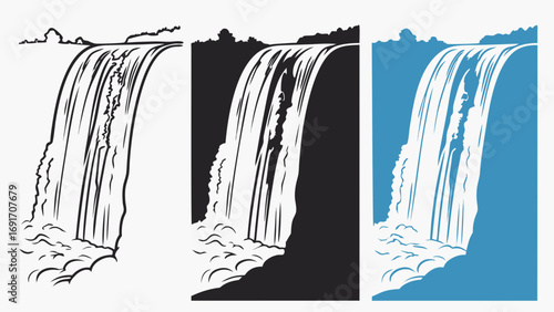 Waterfall scene in three styles nature cascade