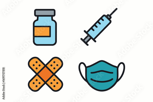 Medical supplies and healthcare icons for vaccination and protection.