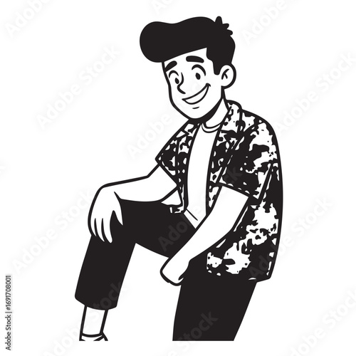 Handsome Man Black and White Illustration Vector Image Male Portrait Fashion Sketch Line Art Design	