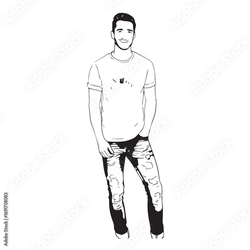 Handsome Man Black and White Illustration Vector Image Male Portrait Fashion Sketch Line Art Design	