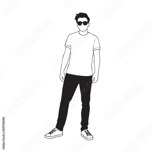 Handsome Man Black and White Illustration Vector Image Male Portrait Fashion Sketch Line Art Design	