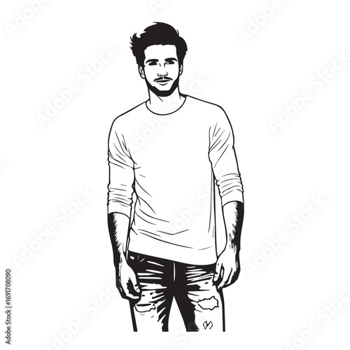 Handsome Man Black and White Illustration Vector Image Male Portrait Fashion Sketch Line Art Design	