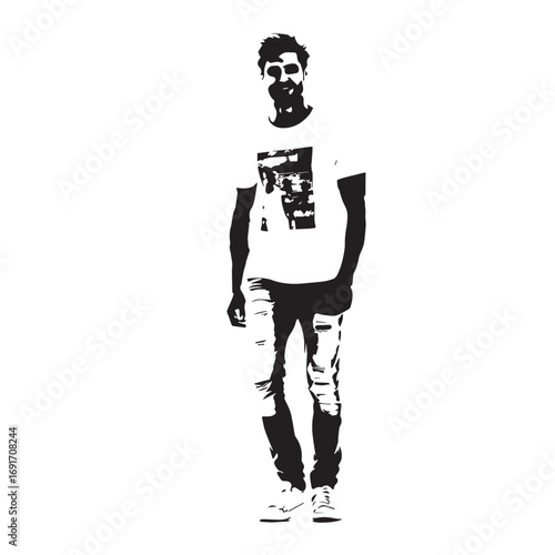 Handsome Man Black and White Illustration Vector Image Male Portrait Fashion Sketch Line Art Design	