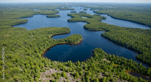 Aerial view of lakes and forest