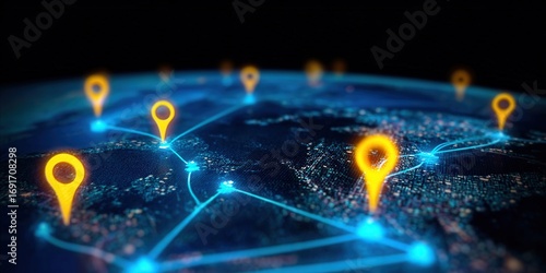 Glowing location markers symbolize a digital global network, illustrating data connections around the world.