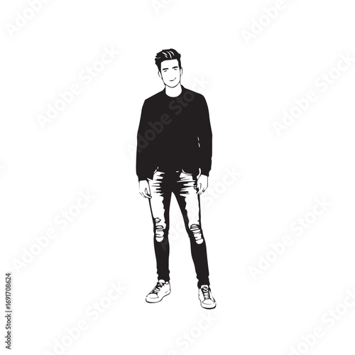 Handsome Man Black and White Illustration Vector Image Male Portrait Fashion Sketch Line Art Design	