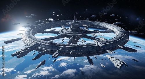 Massive Space Station Orbiting Earth.