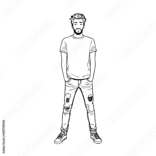 Handsome Man Black and White Illustration Vector Image Male Portrait Fashion Sketch Line Art Design	